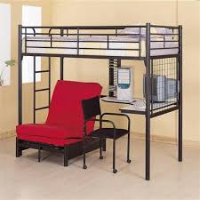 Black Metal Twin Sized Loft Bed With Built In Desk Futon Frame Chair And Castered Desk Chair Bunk Bed Designs Loft Bunk Beds Bunk Bed With Desk