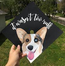 It Wasn T Too Ruff Custom Corgi Dog Painted Graduation Cap Topper Calligraphy Quote Painted Graduation Cap Graduation Cap Decoration High School Graduation Cap