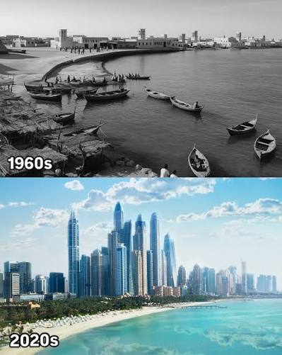 From desert tracks to global landmarks, Dubai's glow-up is one for the  history books. ❤️  Just a few decades ago, Dubai was a quiet desert  town known for fishing, pearl diving,