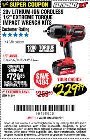 Earthquake Xt 20v Max Lithium 1 2 In Cordless Xtreme Torque Impact Wrench Kit For 229 99 Harbor Freight Tools Impact Wrench Cordless