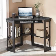 Corner desks allow you to use a part of the room that is usually ignored. Vecelo Corner Desk With Keyboard Tray And Storage Shelves Corner Computer Workstation Desk Pc Writing Study Table With Storage Black 90 Degrees Walmart Com Walmart Com