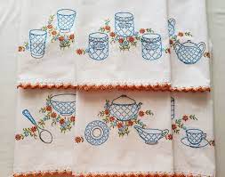 Hand Embroidered Flour Sack Dish Towels Tea Towels Set Of 6 Vintage Pattern Crotchet Edging Kitchenware Dishes Embroidered Towels Dish Towels Felt Christmas Stockings