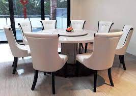 It has a double pedestal base with carved, scrolling legs and a metal stretcher in between for added support. Dining Room Wonderful Round Marble Dining Table For 8 Cream Dining Chairs Used Small Round Dining Room Table Round Marble Dining Table Marble Top Dining Table