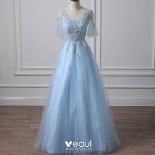 Nouveaux modèles chaque semaine : Illusion Bleu Ciel Perce Robe De Soiree 2018 Princesse V Cou Manches Courtes Paillettes Perlage Longue