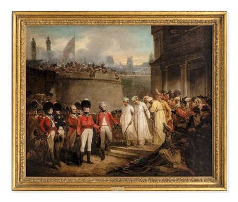 Bonhams : Henry Singleton (London 1766-1839) The Surrender of the two sons of Tipu Sultan to Major General David Baird, Oil on Canvas