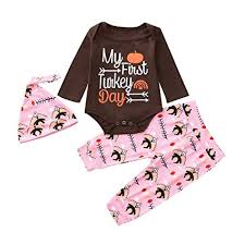 autumnfall 0 24m boys girls 3pcs outfits set baby thanksgiving day my first turkey day letter romper pants hat age 12 18 months brown 1