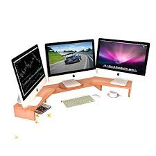 Triple Monitor Stand Riser Desktop 3 Shelf Bamboo Wood Computer Riser Screen Holder With Adjustable Lenth Ang Desktop Organization Computer Riser Monitor Stand