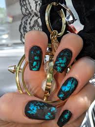 Acrylic Black And Teal Nails Black And Teal Foil Teal Nails Teal Acrylic Nails Black Prom Nails