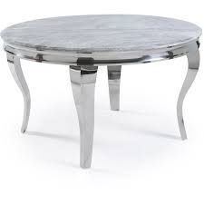 It has a unique design that provides a subtle yet rich touch of elegance that will complement any home. 1 3m Louis Circular Polished Stainless Steel Grey Marble Dining Table Grosvenor Furniture