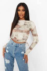 Marble Print Ruched Side Long Sleeve Crop Top Boohoo