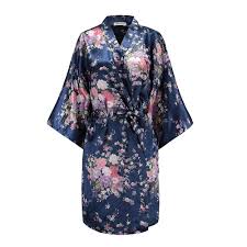 Elegant Navy Blue Bridesmaid Bride Robes Sleepwear Kimono Robe Home Dress Print Flower Satin Female Mini Nightgowns Sleepgowns Bridal Dressing Gown Bridesmaid Kimono Satin Floral Robes