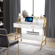 Amazon Com Modern Writing Desk With Hutch 39 X 19 Workstation Computer Work Study Table For Home Office Furniture Vanity Make Up Desk 3 Tier Storage Shelf And 2 Drawers White Gold Kitchen Dining This writing desk is available in white and can also be used as a computer table.