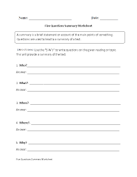 Five Questions Summary Worksheet Summarizing Worksheet Reading Summary Worksheet Elementary Writing