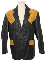 80s Vintage Confecciones Rebelde Leather Jacket 80s Confecciones Rebelde Mens Black Smooth Leather And Tan Faux Ostrich Leather Totally 80s Blazer Sport Coat Jacket With Fitted Sides Slightly Relaxed Notched Lapels Patch