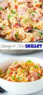 Sausage And Rice Skillet Smoked Sausage And Rice Come Together In One Pan For A Delicious And Easy Din Sausage Recipes For Dinner Sausage Dinner Sausage Rice