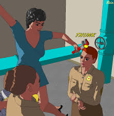 In an old style japanese countryside home, two females were sitting at a table ending a long celebration of japanese new year's which one of the females was sargent megan who had short pink hair and wearing a dark kimono complete with white tabi socks. Jail Break Uniform Stealing Board
