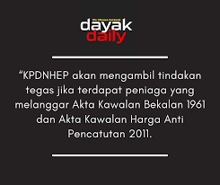 Akta kawalan harga dan antipencatutan 2011, pihaknya mengesan sebanyak 19 kes, akta timbang dan sukat 1972 (34 kes), akta kes perihal dagangan 2011 (13 kes), akta perlindungan pengguna 1999 (1 kes) dan akta kawalan bekalan 1961 (6 kes). Facebook