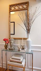 Glass Top Foyer Table With Gold Bamboo Mirror Transitional Entrance Foyer Foyer Decorating Glass Table Decor Glass Console Table