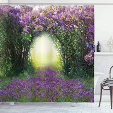 Riyidecor lavender vintage shower curtain flowers stall floral grunge herbs leaves purple beige decor fabric polyester waterproof fabric 72wx72h inch 12 pack plastic hooks included. Amazon Com Ambesonne Garden Shower Curtain Magic Misty Forest View Spring Blossoms Bushes Greenery Grasses Garden Shower Misty Forest Floral Shower Curtains