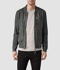 Mens Blythe Leather Bomber Jacket Slate Grey Allsaints Com Leather Bomber Jacket Leather Bomber Bomber Jacket