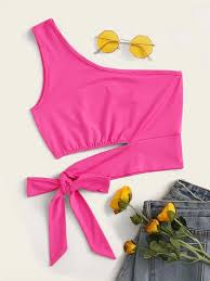 Neon Pink One Shoulder Cutout Crop Top Shein Asia