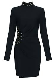 Black And Smart Dress Long Sleeve Studded Asymmetric Dress Black With Images Bandage Dress Black Black Smart Dresses Lil Black Dress