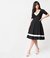 Unique Vintage 1950s Style Black White Sleeved Serena Swing Dress 1950s Fashion Vintage Fashion Mid Century Fashion