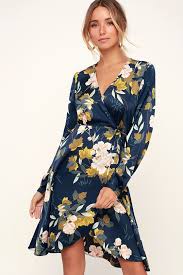 Love Is Life Navy Blue Floral Print Satin Wrap Dress Navy Wrap Dress Wrap Dress Floral Wrap Dress