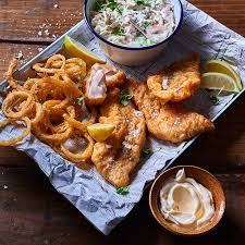 2 catfish fillet, 4 fried oysters. Beer Battered Fish And Onion Rings