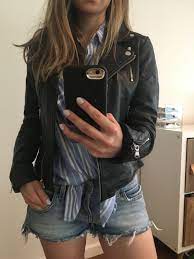 Obsessed With Dstld Moto Leather Jacket In Black Motorbike Leather Jacket Cropped Leather Jacket Bike Cool Outfits Leather Jacket Blue Striped Maxi Dress