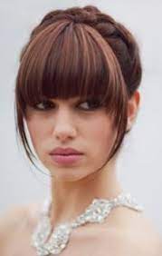 You can cut a wispy fringe along the edge or start higher on the crown of the head and make a statement. Wedding Hair On Pinterest Updo Bangs And High Bun Medium Length Hair Styles Medium Length Hair With Bangs Fringe Hairstyles