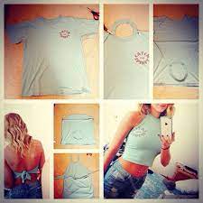 The front of this top looks completely different from the backside, which makes this top completely different. Creative Diy Tutorials To Turn On Your Old T Shirt Into A Modern Summer Crop Top Diy Summer Clothes Diy Clothes T Shirt Diy