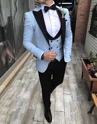 Black 3 Piece Suit Design Sky Blue With Black Lapel Suits For Men Custom Made Terno Slim Groom Custom 3 Piece Wedding Mens Suit Masculino Jacket Pant Vest Bow Prom Suits For Men Blue Suit Men Designer Suits For