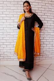 Black And Yellow Suit Black Silk Kurti With Embroidery And Straight Black Palazzos With Yellow Bhandhej Dupatta Silk Kurti Designs Silk Kurti Fashion