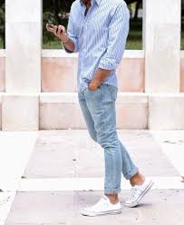 John's bay mens stretch slim fit jean. Light Blue Vertical Striped Shirt Light Blue Jeans White Sneakers Mens Casual Outfits Mens Outfits Men Casual