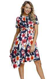 Navy Floral Print Twist Front Handkerchief Hem O Neck Short Sleeve Regular Dress Summer In 2020 With Images Midi Short Sleeve Dress Handkerchief Hem Dress Trendy Lace Dresses