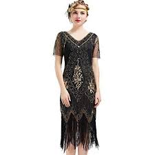 Artideco 1920s Kleid Damen Flapper Kleid Mit Kurzem Armel Gatsby Motto Party Damen Kostum Kleid Schwarz Gold L Platya 20 H Plate 20 H Godov Platya