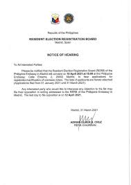 Elections in the philippines are never dry and this campaign is no exception. Notice Of Rerb Hearing 19 April 2021 Philippine Embassy Madrid