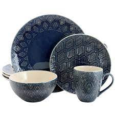 16pc Stoneware Lovely Tapestry Dinnerware Set Blue Elama In 2021 Blue Dinnerware Sets Blue Dinnerware Dinnerware Set