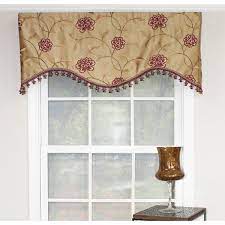 The Lovely Floral Pattern Is Embroidered On A Faux Silk Background And Is Finished With A Multi Colored Ball Fringe Measurin Kitchen Curtains Curtains Valance