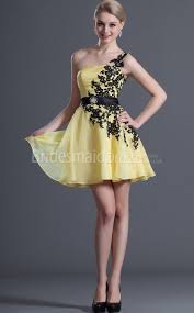 Yellow Chiffon Dress With Black Lace Sash And Detailing Into One Shoulder Dress Yellow Bridesmaid Dresses Cocktail Dress Yellow Chiffon Cocktail Dress