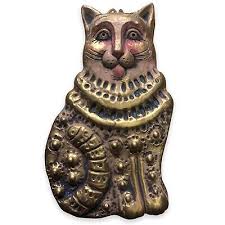 Barbara Sexton Ceramic Gold Painted Cat Folk Art Ornament Decoration 1993  4.75"