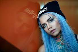 These products are based on a portrait that carter did in 2016 based on a reddit gets drawn submission; Hd Wallpaper Women Blue Hair Tattoo Nose Rings Fishball Suicide Portrait Wallpaper Flare