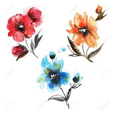 Flowers are hydrangeas, free spirit roses, peach hypericum berries, spray roses and lush seeded eucalyptus. Cute Watercolor Hand Painted Red Blue And Orange Flowers Elements For Design Stock Photo Picture And Royalty Free Image Image 125202069