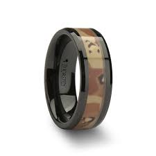 Fox Beveled Black Ceramic Ring With Real Military Style Desert Camo 8mm Wedding Bands For Both Black Ceramic Ring Camo Wedding Rings Mens Wedding Rings