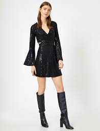 Siyah Bayan Kollari Volanli Elbise 0kak84803fk999 Koton Elbise Moda Stilleri Mini Elbise