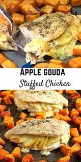 The chicken breast was so succulent, and the stuffing was loaded with great flavour. Apple Gouda Stuffed Chicken Breasts With Smoky Roasted Sweet Potatoes Video Recipe Recipes Cooking Recipes Roasted Sweet Potatoes
