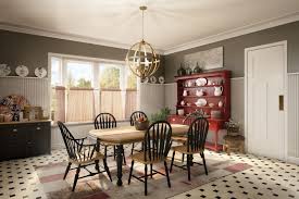A vintage farmhouse entryway with light blue beadboard, pendant lamps, a basket box and much natural light. 1 Countrydinning Cmyk Winslow Bees N Burlap