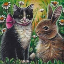 Black And White Tuxedo Cat Clipart Black White Tuxedo Cat Kitten Bunny Spring Easter Orig Art 6x6 Painting Marta Animal Paintings Cat Painting Animal Art