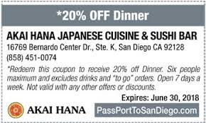 Akai Hana Japanese Sushi Coupon Back Passport To San Diego